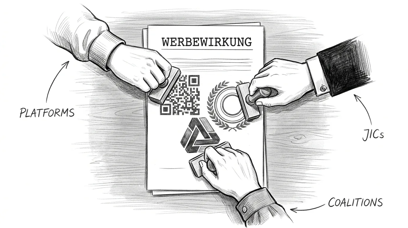 Drei Hände aus drei Richtungen drücken drei verschiedene Stempel auf ein Dokument mit der Überschrift "Werbewirkung" – jede Hand trägt einen anderen Ärmel (Tech-Hoodie, Anzugmanschette, Industriehemd), jeder Stempel zeigt ein anderes Muster. Annotationen am Rand benennen die drei Lager: Platforms, JICs, Coalitions. Editorial-Pencil-Sketch.