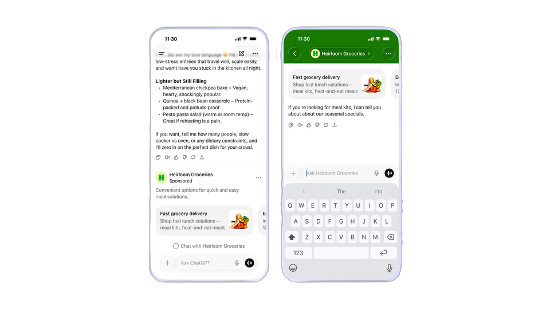 Sponsored Unit unterhalb der AI-Antwort (links) und Shopping-Karussell mit Direktinteraktion (rechts)