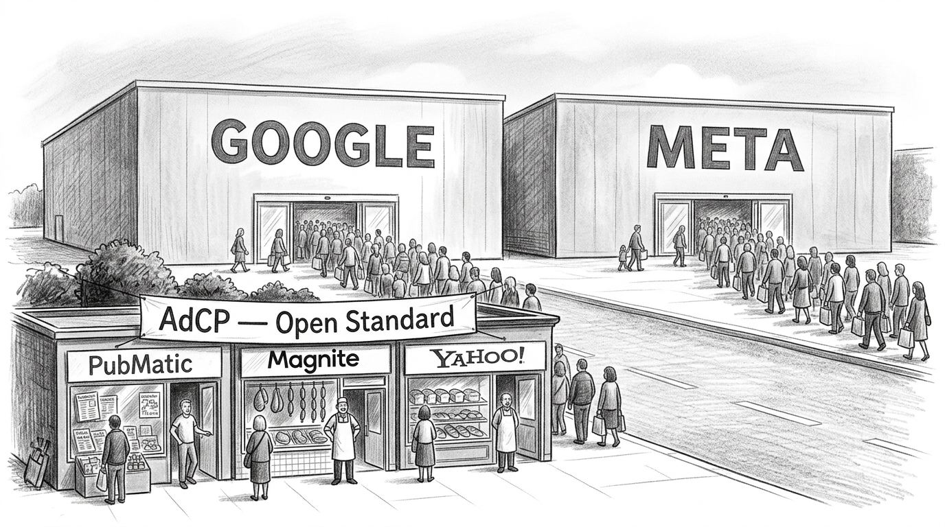 Google und Meta als zwei separate Mega-Stores mit eigenen Welten — gegenüber drei Einzelhändler (PubMatic, Magnite, Yahoo) unter einem gemeinsamen "AdCP — Open Standard"-Banner. Die Plattformen brauchen kein Banner, weil sie ihren eigenen Standard sind.
