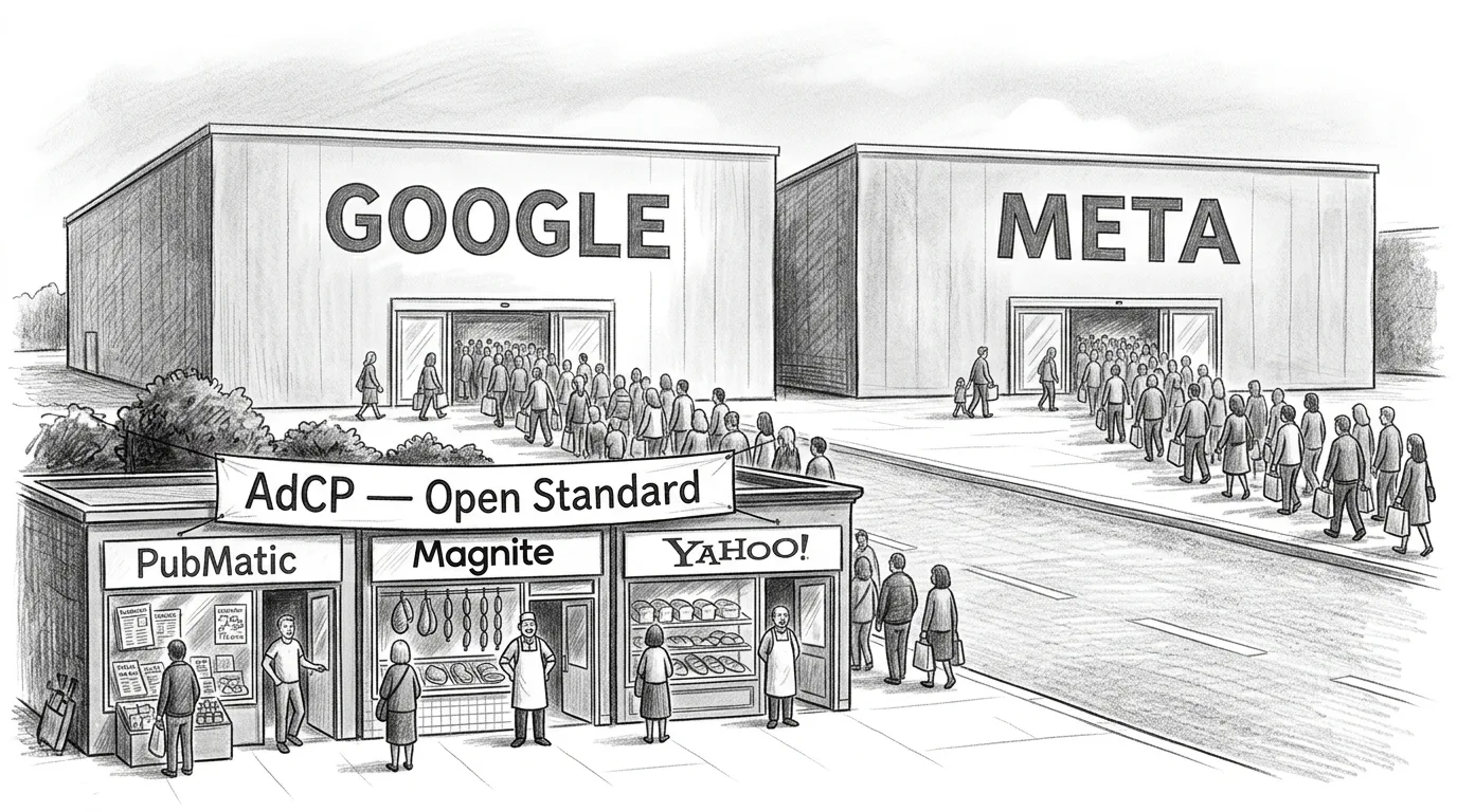 Google und Meta als zwei separate Mega-Stores mit eigenen Welten – gegenüber drei Einzelhändler (PubMatic, Magnite, Yahoo) unter einem gemeinsamen "AdCP – Open Standard"-Banner. Die Plattformen brauchen kein Banner, weil sie ihren eigenen Standard sind.